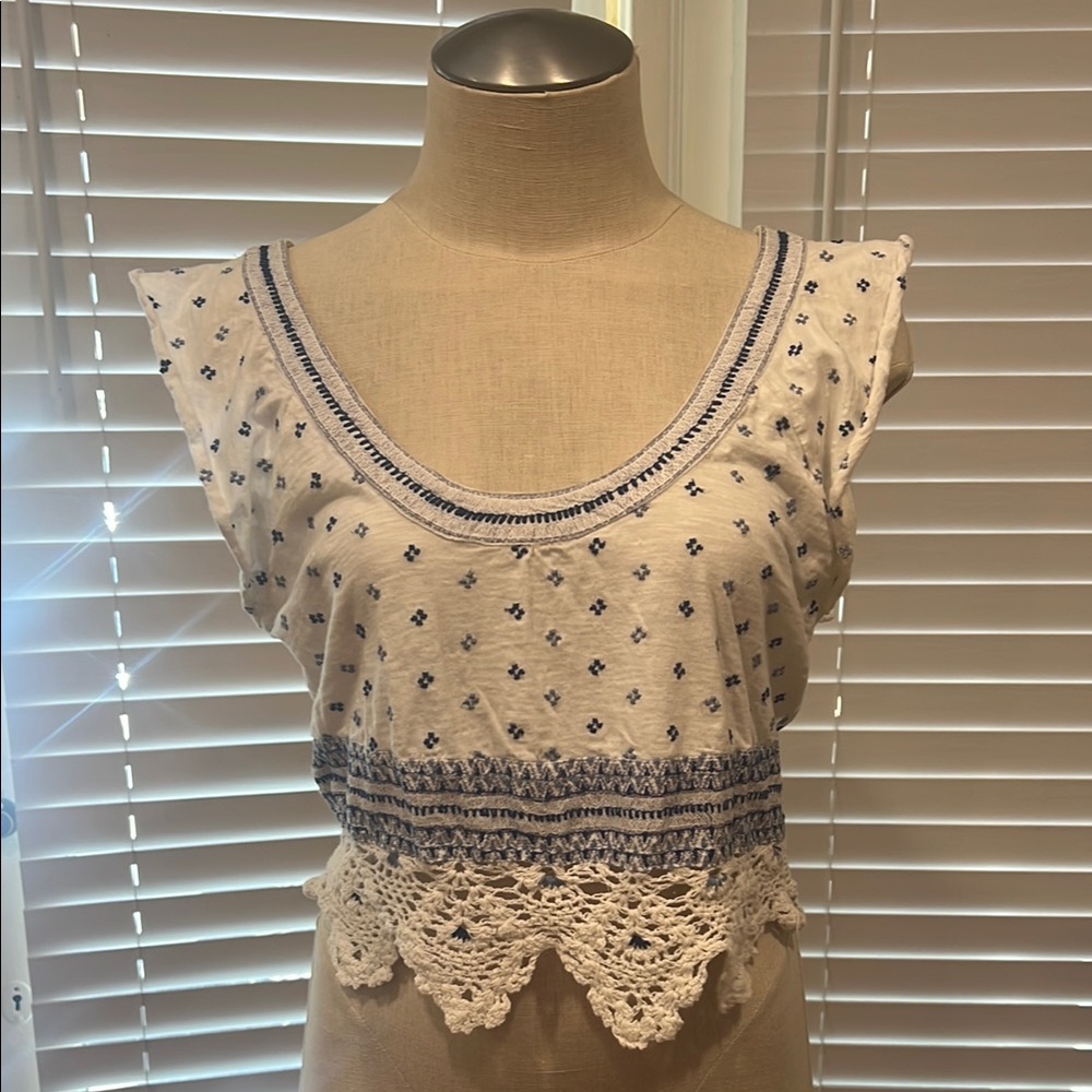 Free People Embroidered White and Blue Women's Top